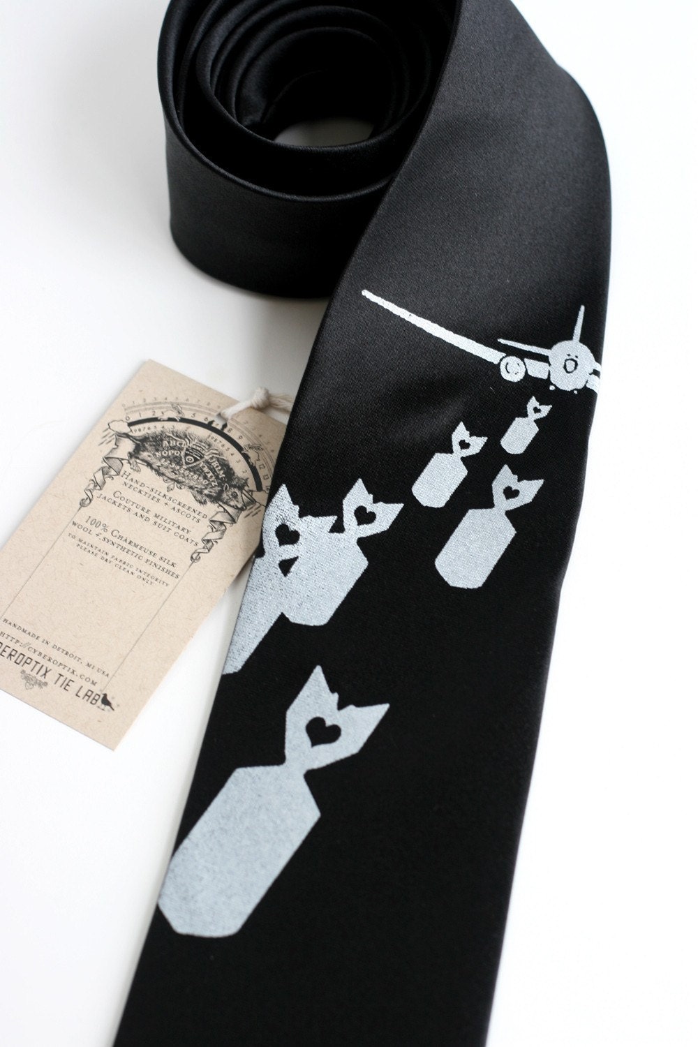 Bombs Away NARROW tie - silkscreened necktie, exploding lovenotes, silver on black
