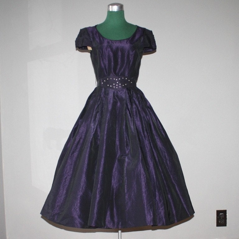 1950's Plum Taffeta Rhinestone Party Dress NWT