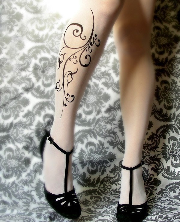 LARGE/EXTRA LARGE sexy  FLORA tattoo tights / stockings / full length / pantyhose / nylons WHITE