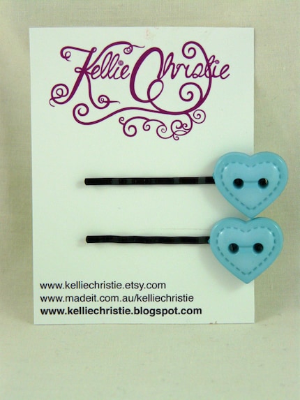 Blue Heart Button Hairpin Set