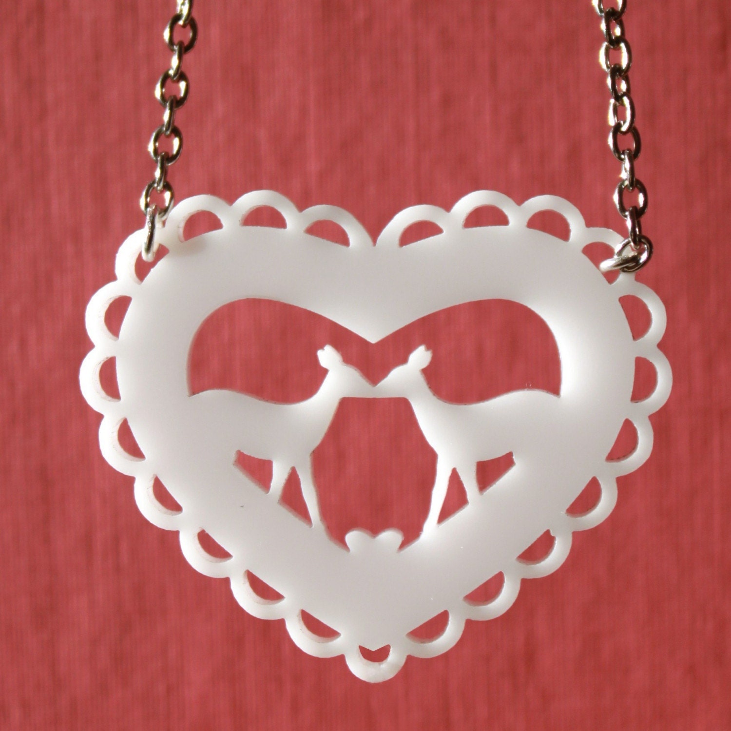 Kissing Deer - Modern Heart Necklace in White