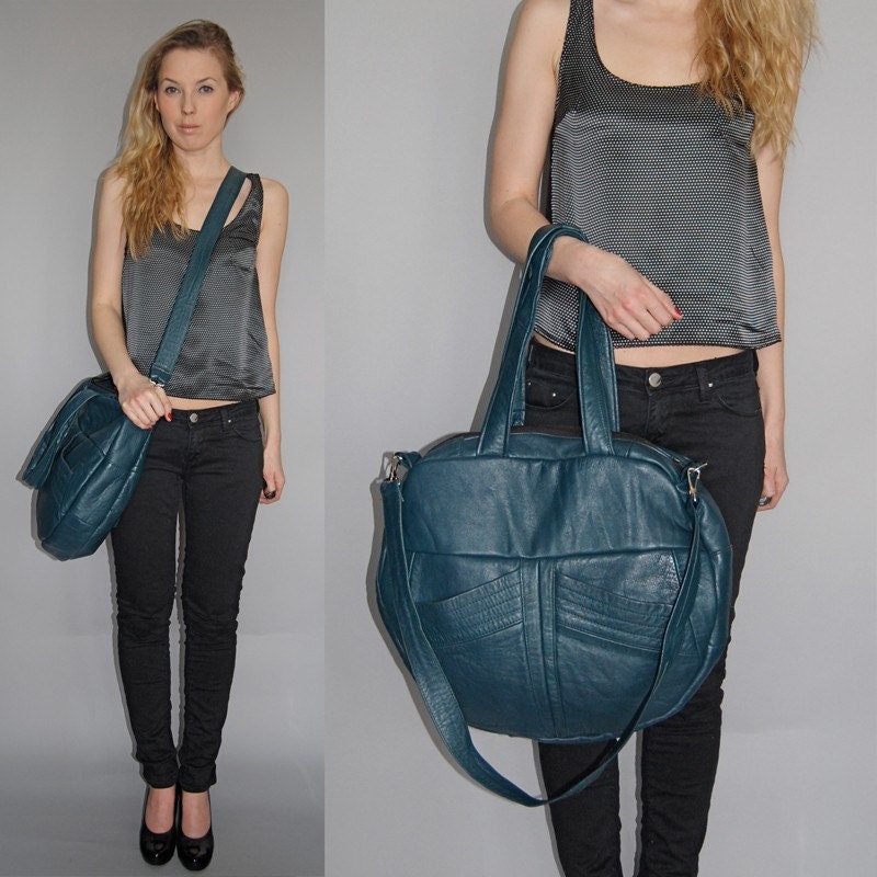 TAZETTA ECO FRIENDLY LEATHER BAG - Teal with two deep front pockets