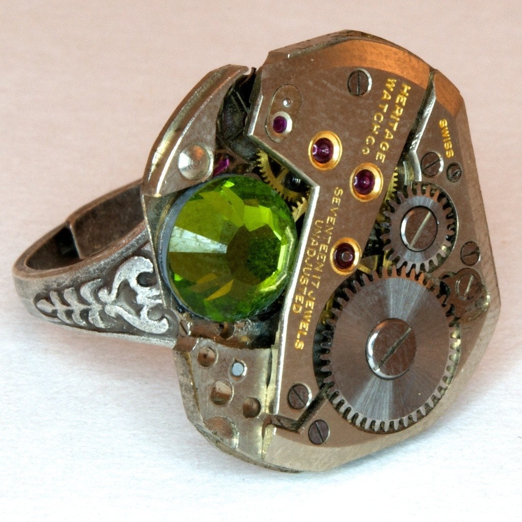 SALE - Steampunk Oak Leaf Ring Watch Movement Industrial Ring with Swarovski Crystal - Free Gift Bag