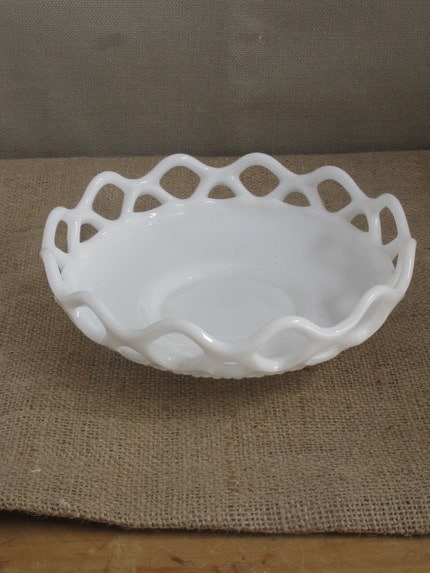 Bowl -1940s Lace Edge Footed Milk Glass