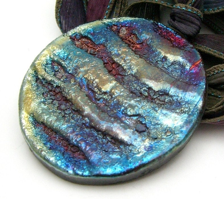 Bronze Purple Blue Trench Raku Pendant Raku Ceramic Jewelry Handmade by MAKUstudio