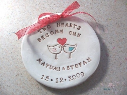 Two Hearts Become One - Engagement - Wedding - Ring Bearer Dish - Gift - Personalize