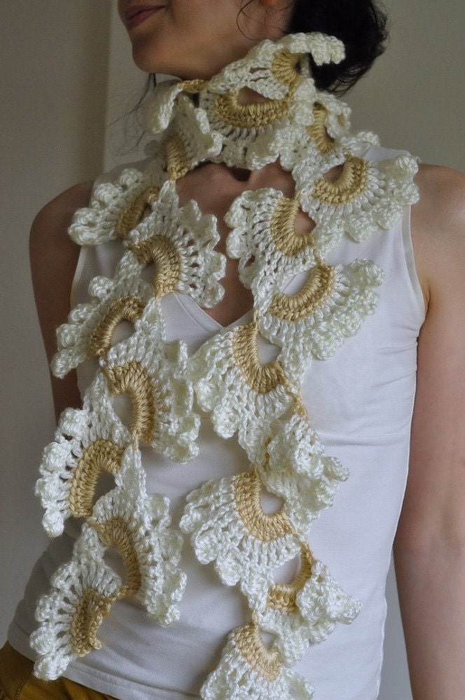 White Orchid - crocheted openwork lace romantic feminine scarf / scarflette / shawl in ivory and soft beige