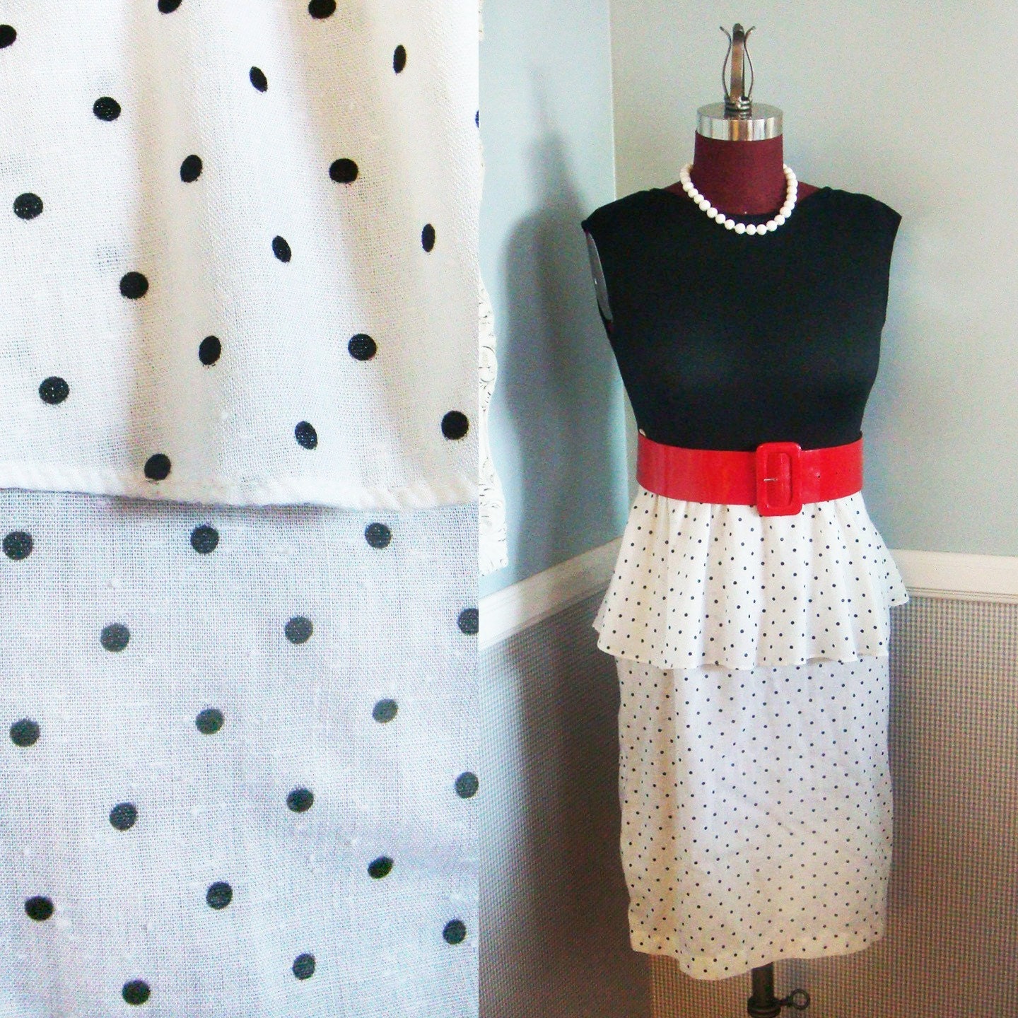 Black and White Polka Dot Sleeveless Dress- Vintage 1960s- Small