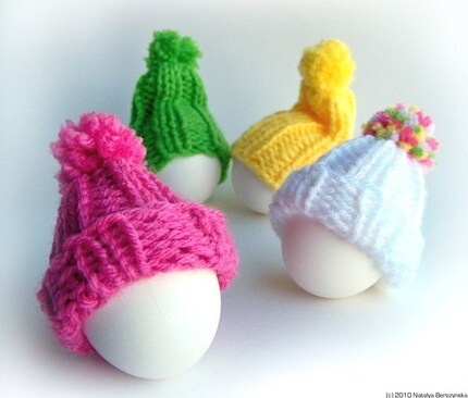 Egg Cozy Hats, Pom Pom, Knitted Ribbed, Set of 4, White Yellow PInk Green, Vibrant Multicolor