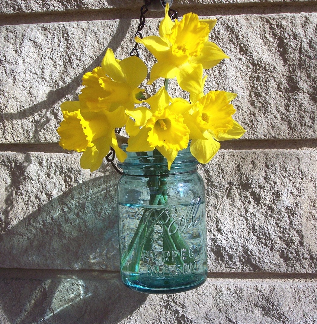 Small Hanging Jar Vase or Lantern, made from an antique Ball mason jar