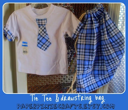 Tie applique tee, drawstring tote, and matching pants