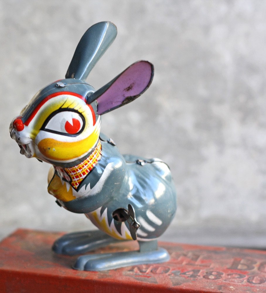 Vintage Gray Tin Toy  Rabbit