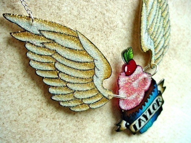 NEW tattoo cupcake and wings with custom banner necklace
