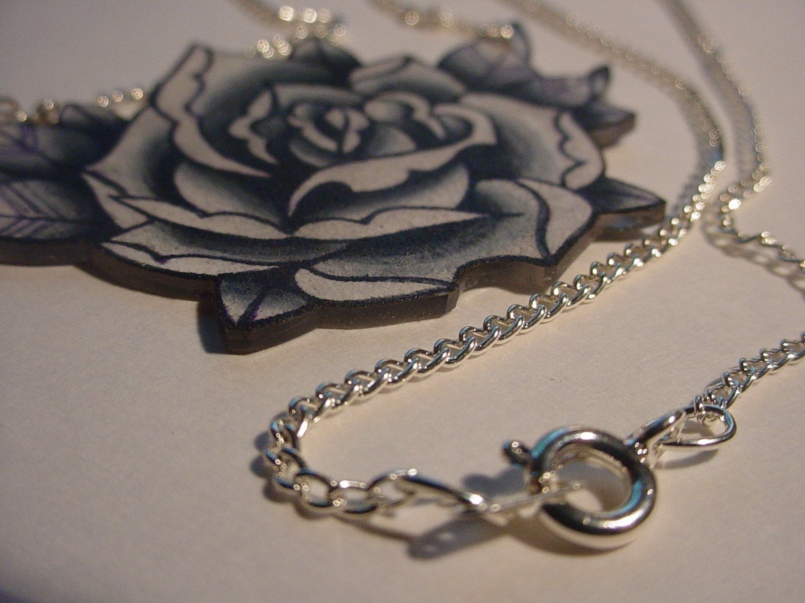 big vintage black and white surreal tattoo rose necklace 