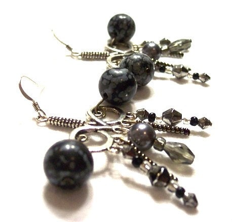 Black Mosquitos - Funky Beaded Obsidian Fashion Chandelier Earrings