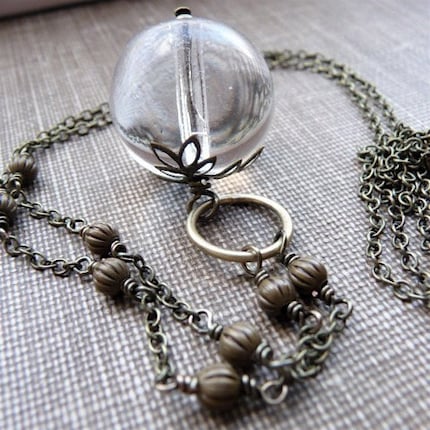 crystal ball - clear vintage glass and brass necklace