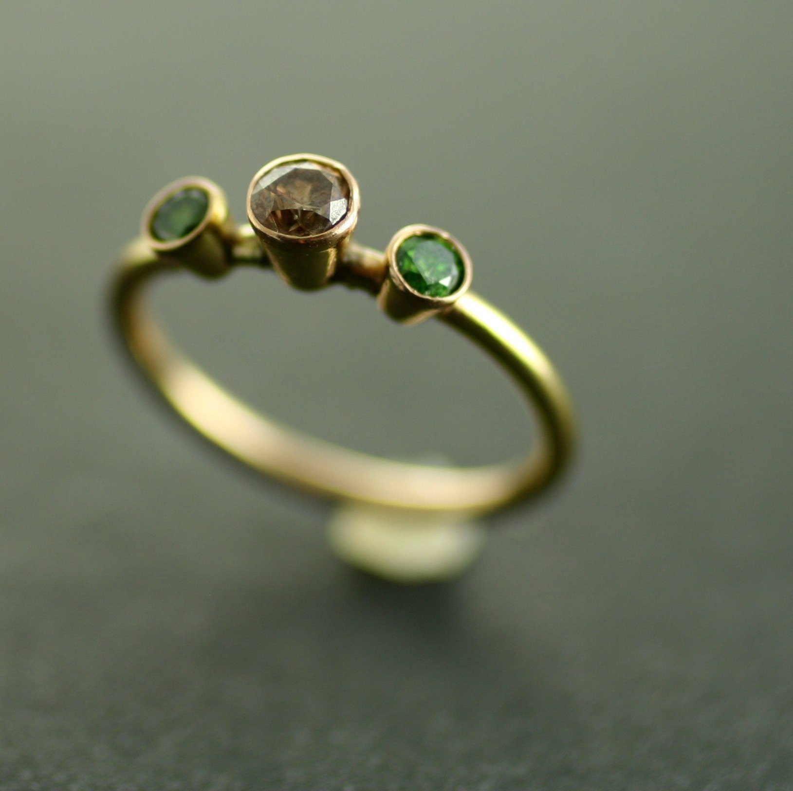 Green and Champagne Diamond Three Stone Ring