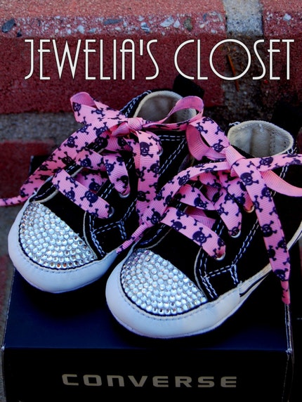 Custom Rhinestone Punk Rock INFANT CRIB SHOE Chuck Taylor All Star Converse w/ Pink Ribbon Laces w/ Black Skulls PLUS 2 FREE MATCHING HAIR CLIPS ADORNED WITH SWAROVSKI'S- MAKES A GREAT BABY SHOWER GIFT-Bling Converse, Rockabilly, Emo, pirate, skeleton