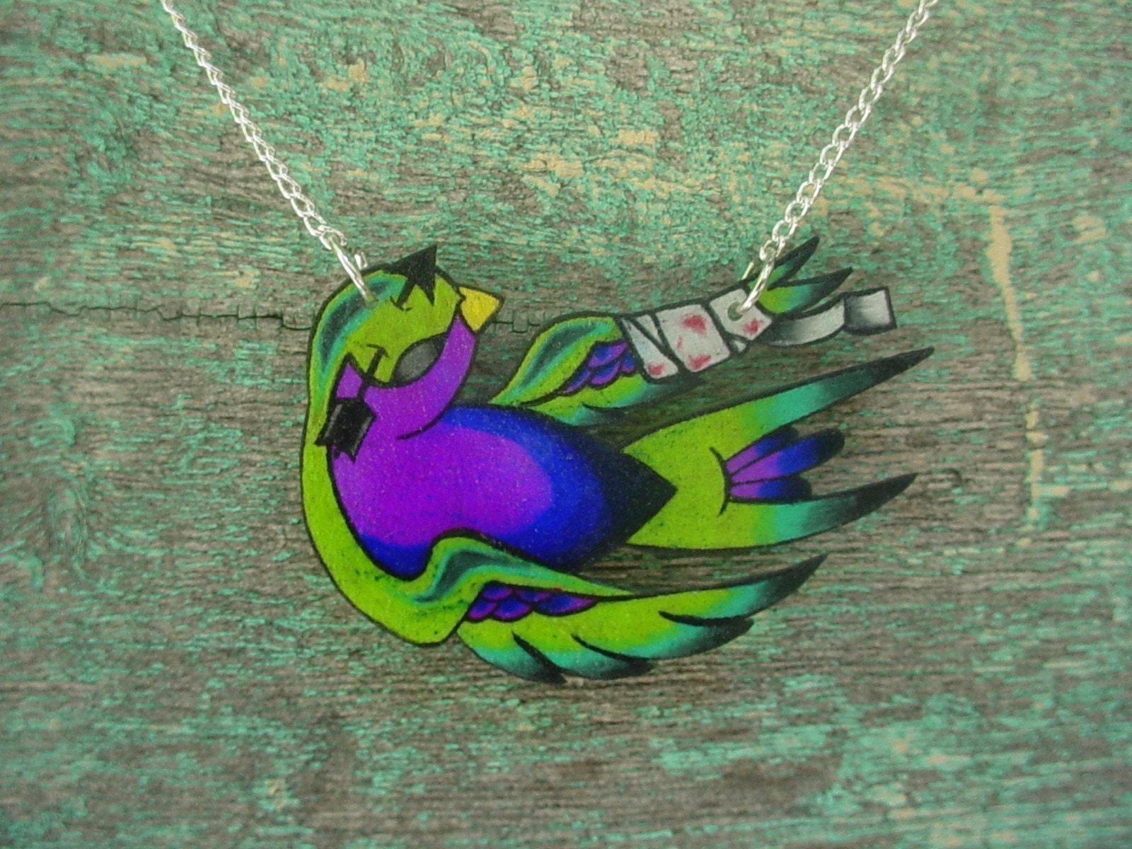 Fallen Zombie New School Tattoo Swallow Necklace Lime Green Teal And
