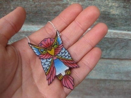 big vintage tattoo lucky pink and blue owl necklace