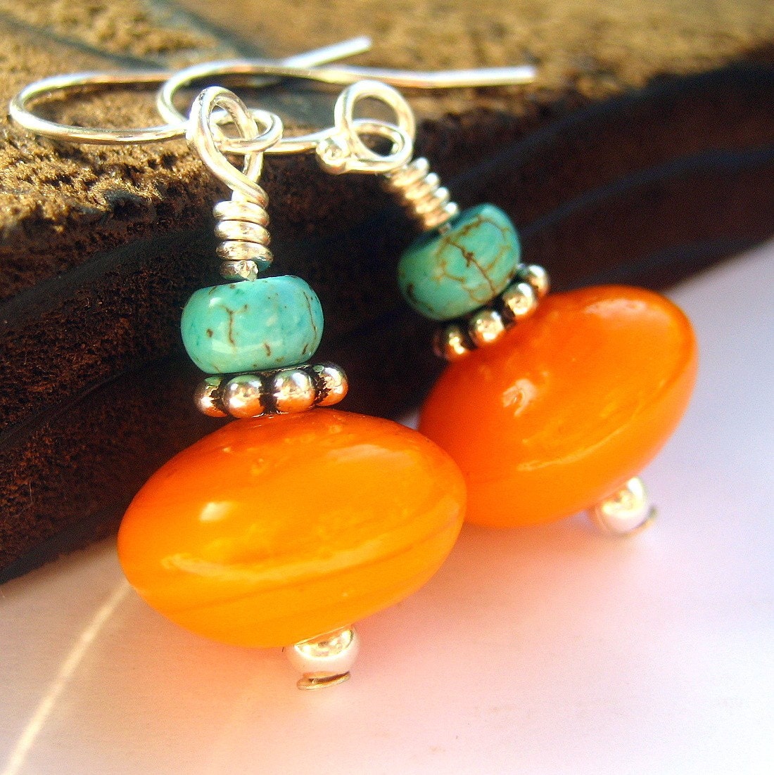 Turquoise orange and sterling silver earrings by littlebugjewelry