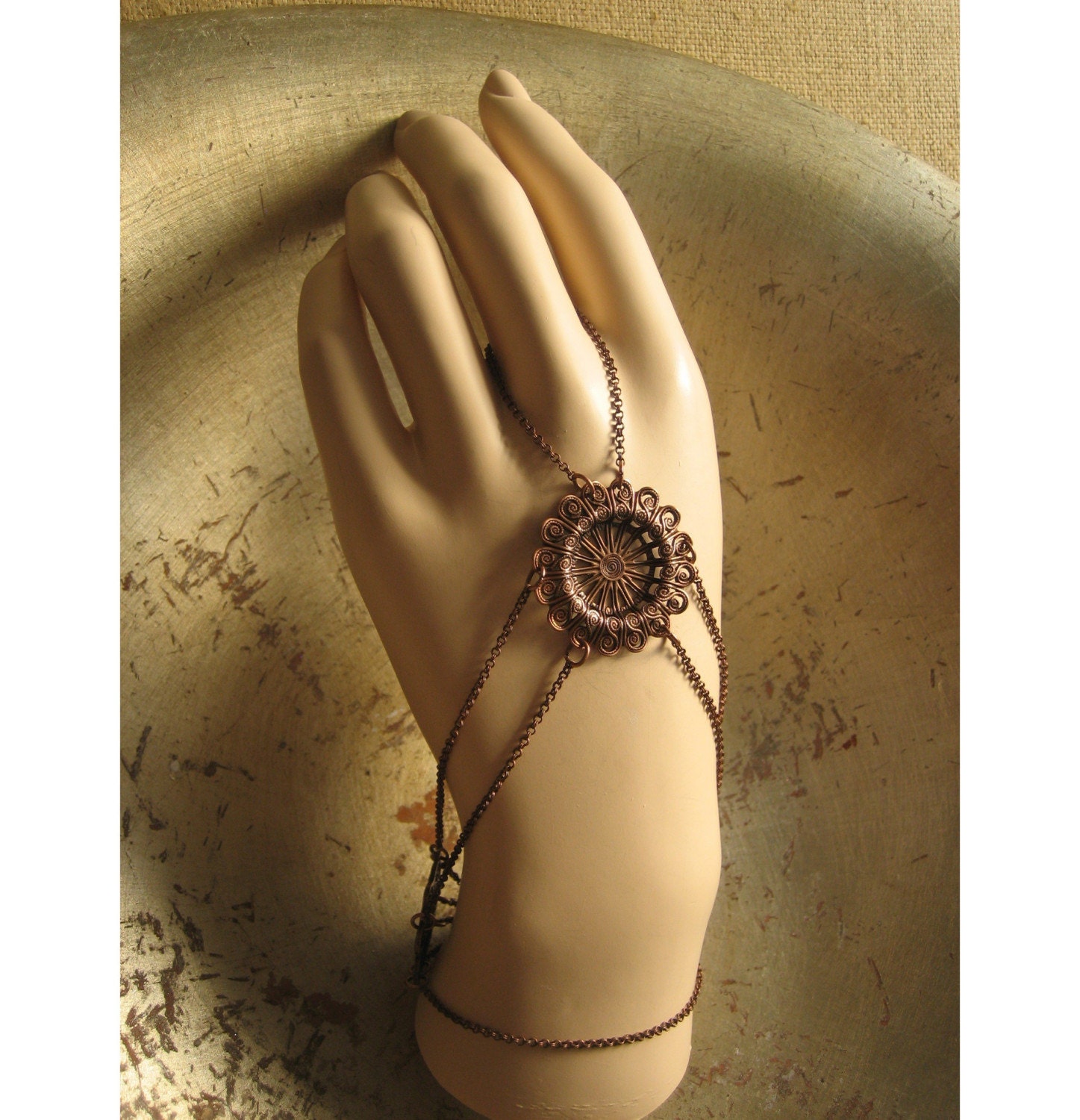 bahiat -  filigree medallion on antique copper chain web - ring and back of the  hand bracelet - panja