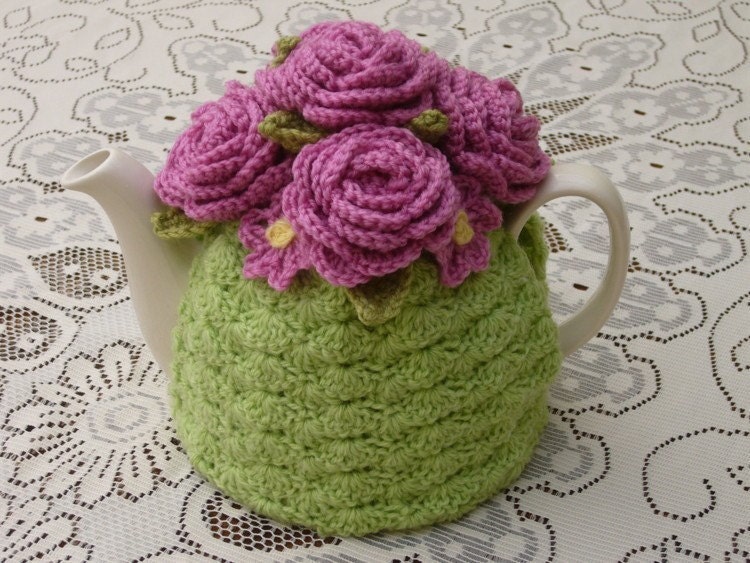 Crochet Tea Cosy/Cosie Light Green with Roses (Made to order)