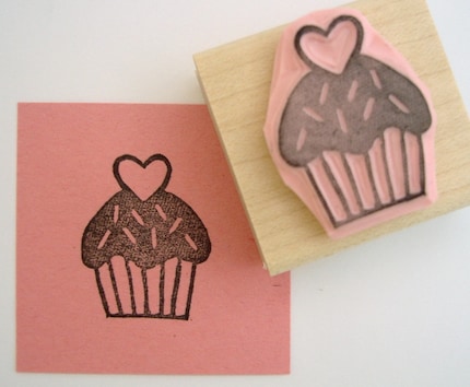 Cupcake with Sprinkles and Heart Hand Carved Rubber Stamp
