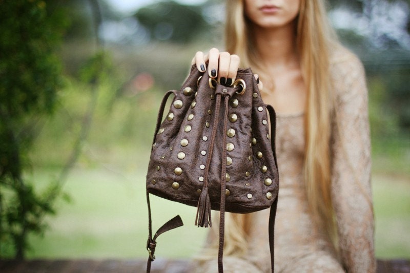 Studded Brown leather pouch cross body bag // Made to order //
