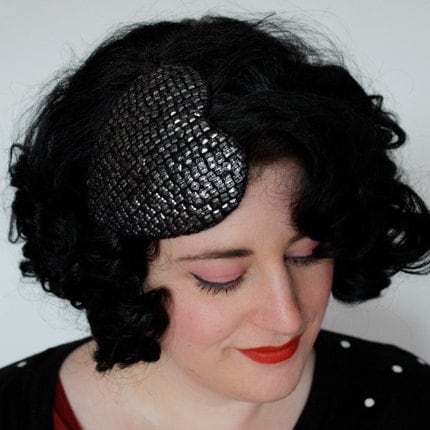 Heart fascinator black and pewter sequins