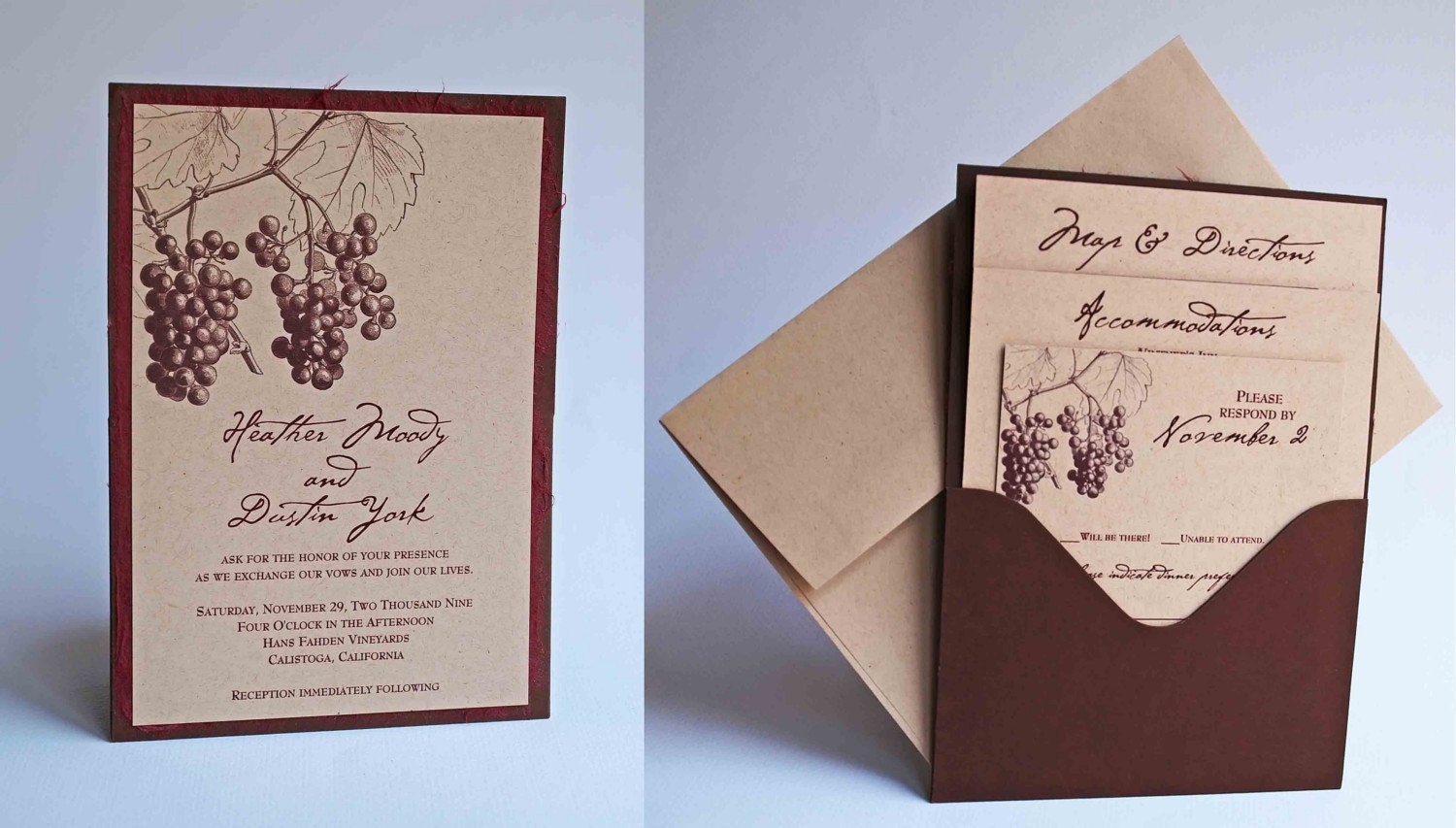 Custom Fall Grape/Vineyard Themed Single Pocket Wedding Invitation