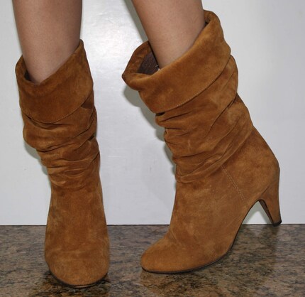 Vintage leather suede knee high heel boots womens 6 M B camel tan granny