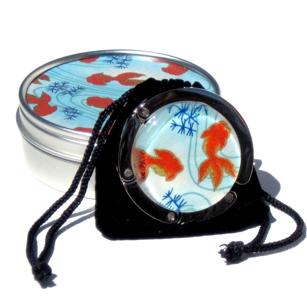 Geisha Gem Purse Hook - Aquarium - A Handcut Glass and Japanese Chiyogami Purse or Bag Hanger - Foldable. Portable. Adorable.