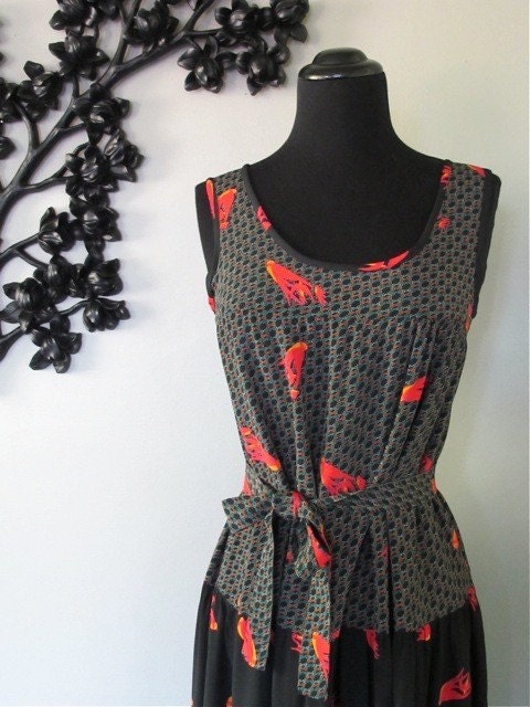 darling RED BIRD 1980's tiered summer dress - size M