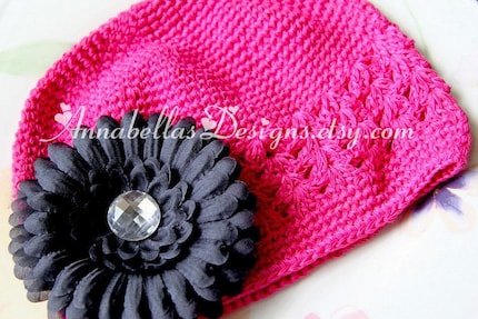 Hot Pink Crochet Hat with Black Gem Center Daisy - Interchangeable - Toddlers/Girls