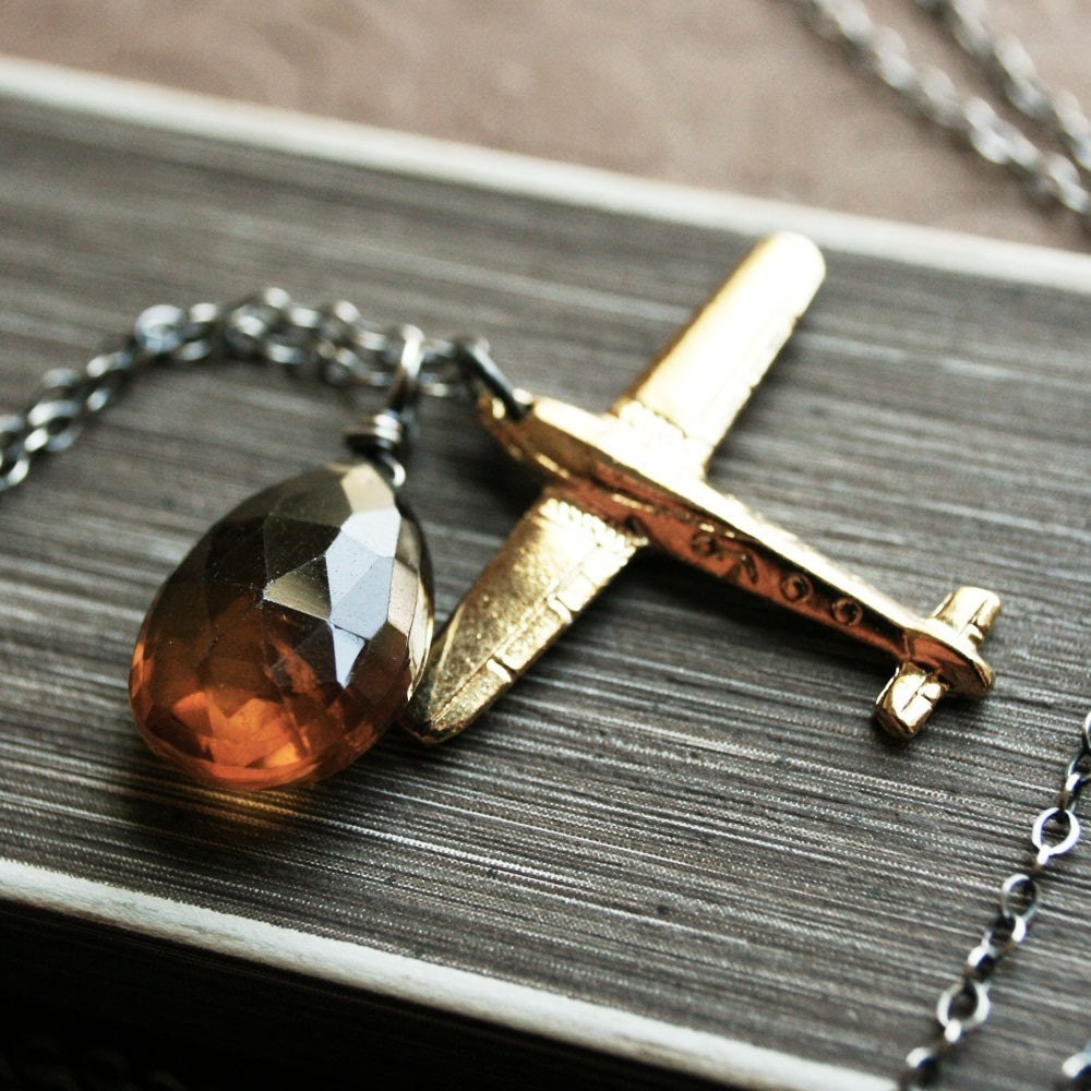 The Aviatrix Necklace - Whiskey Quartz and Brass Airplane Charm on Oxidized Sterling Silver