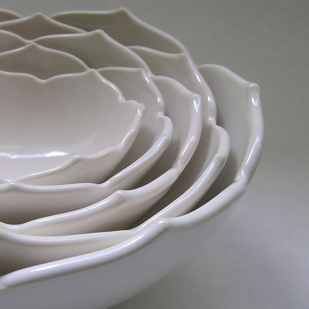 Five Nesting White Ceramic Lotus Bowls