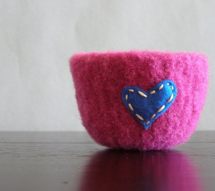 fuzzy fuschia felted wool bowl with bright blue eco felt heart