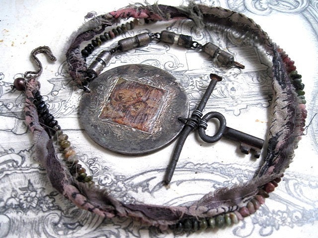 RESERVED FOR dherrera6. Deliverance.  Antique Mary and Child Assemblage with Fuses, Textile, Tourmaline.