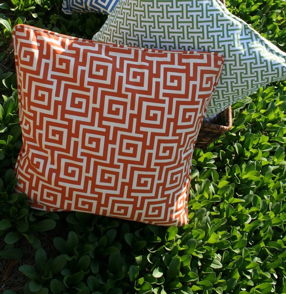 20In Square ORANGE Greek Key Pillow Cover in Indoor Outdoor Fabric