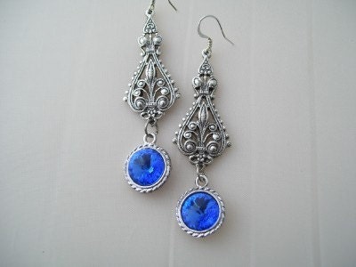 Sapphire Blue and Silver Sparkly Wedding Dangle Victorian Rivoli Crystal 