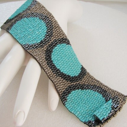 Fashionable Circles in Turquoise and Metals  Peyote Cuff Bracelet (2500)