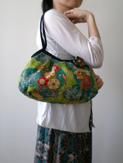 Zippered Japanese kimono Mini granny bag, Peony flower- Green