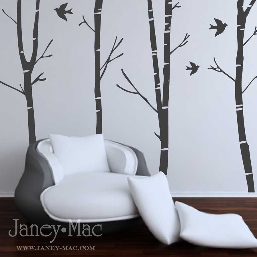 Vinyl Wall Art - Winter Birch Trees with Birds - B106