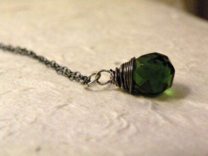 Clover   -   Emerald Glass  Oxidized Sterling Silver Pendant