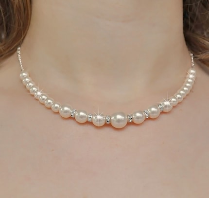 Necklace, Bridal Wedding. Single Stranded Ivory Pearl and Rhinestone Classic Sparkle Sterling Silver Chain Jewellery for the Bride or Bridesmaids Gifts