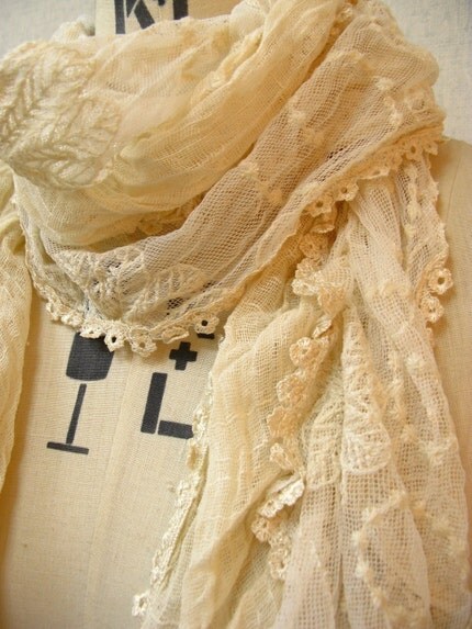 The Summer Crinkle Cotton with Lace Trimming Scarf,Ivory Color