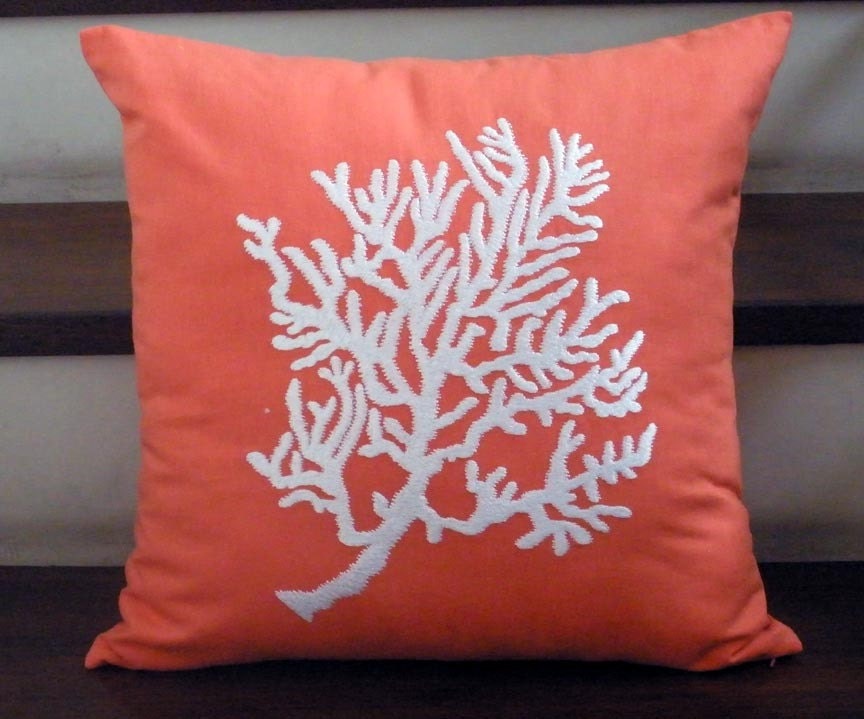 White Coral on Orange Coral Linen - Embroidery Pillow Cover