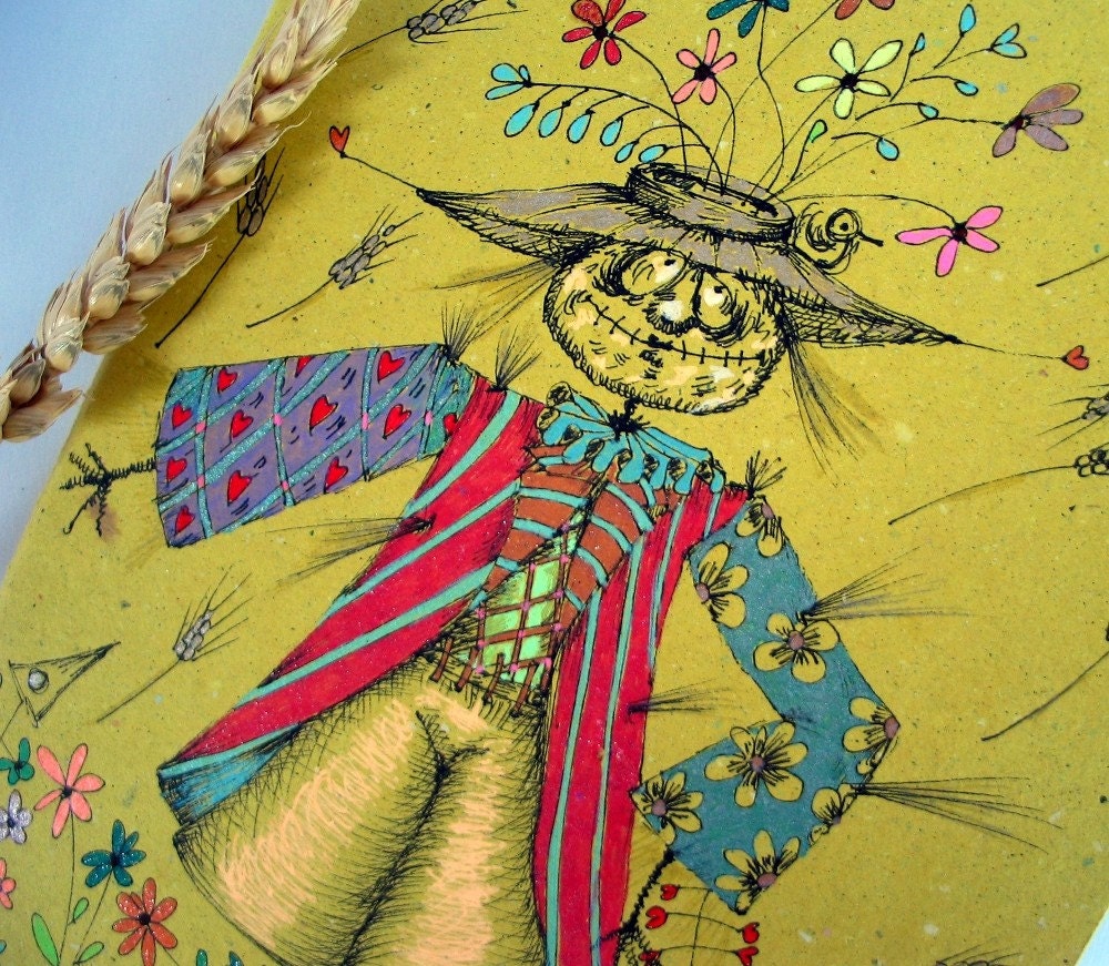 Ecological Recycled Yellow OOAK Squared notebook-A Scarecrow and The good harvest
