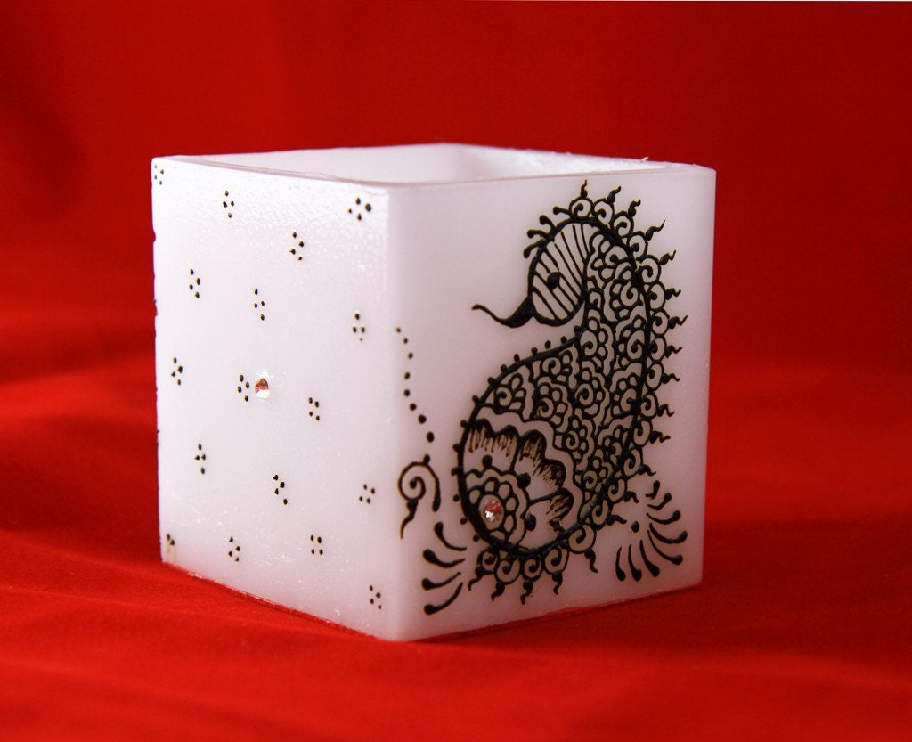 Square Petite Henna Hurricane Candle - Peacock - Made to Order